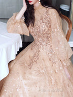 A-Line Glittering Elegant Engagement Formal Dresses High Neck Long Sleeve Floor Length Tulle With Sequin