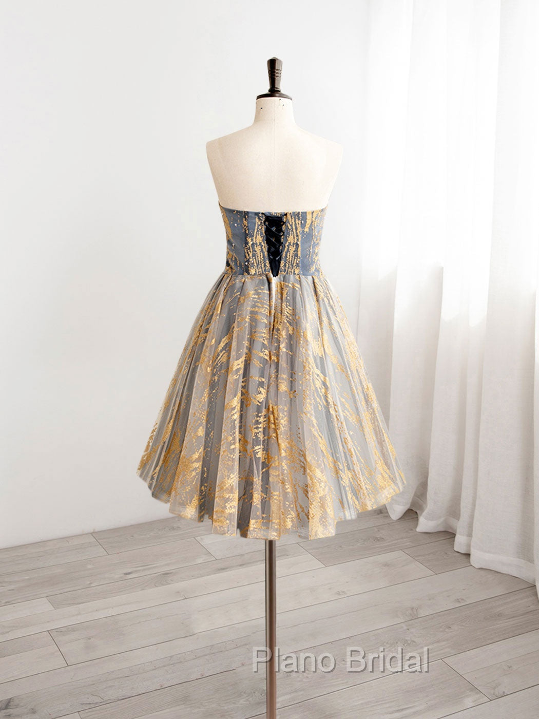 A-Line Gold/Blue Lace  Short Formal Prom Dresses, Cute Homecoming Dresses with Beading Secondary image