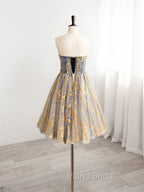 A-Line Gold/Blue Lace  Short Formal Prom Dresses, Cute Homecoming Dresses with Beading