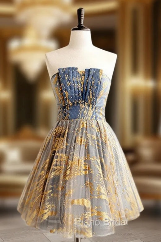 A-Line Gold/Blue Lace  Short Formal Prom Dresses, Cute Homecoming Dresses with Beading Main image