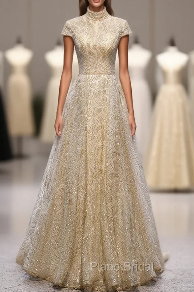A-Line Gold Sequins High Neck Cap Sleeve Formal Prom Dresses