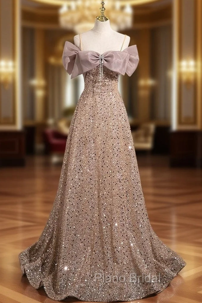 A-Line Gold Sequins Spaghetti Straps Bow Formal Prom Dresses