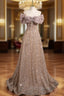 A-Line Gold Sequins Spaghetti Straps Bow Formal Prom Dresses
