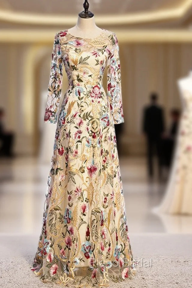 A-Line Gold Tulle Embroidery Long Sleeve Formal Prom Dresses Main image