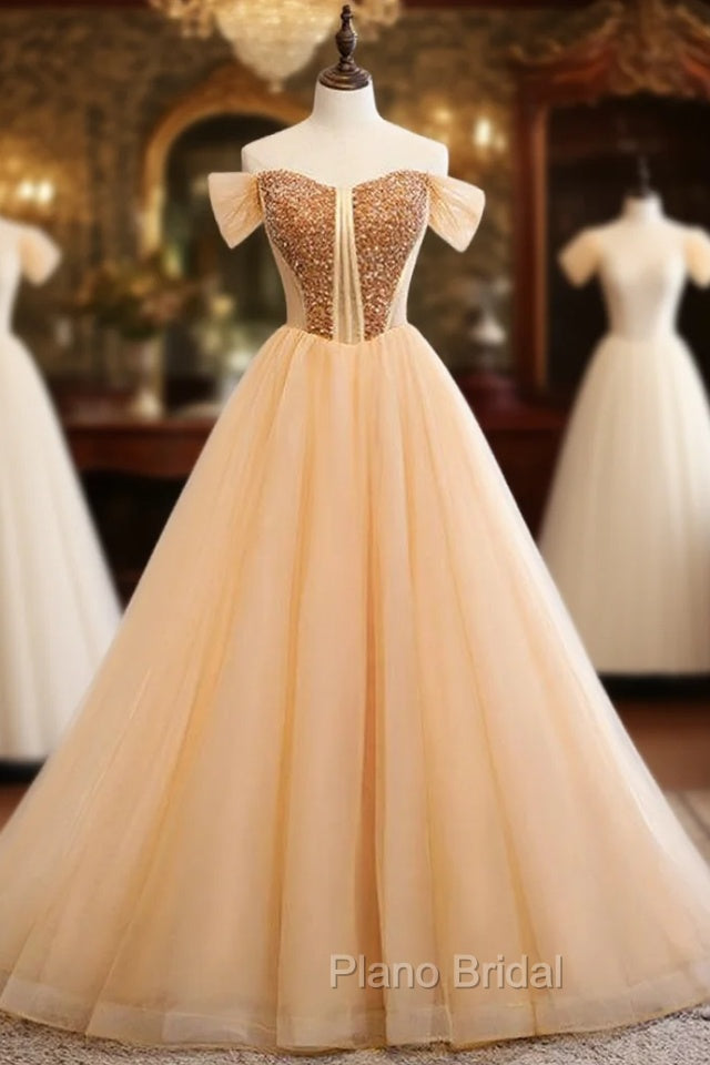 A-Line Gold Tulle Off the Shoulder Beading Formal Prom Dresses Main image