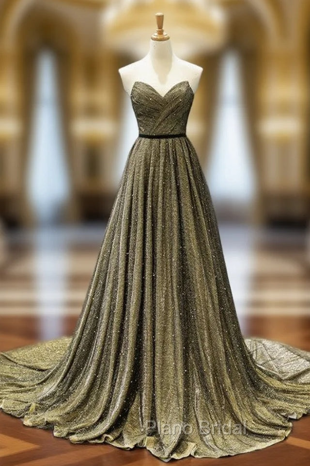 A-Line Gold Tulle Sweetheart Pleats Formal Prom Dresses With Pearls Main image