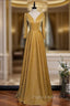A-Line Gold V-neck Long Sleeve Formal Prom Dresses
