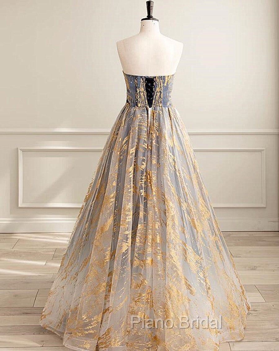 A-line Gradient Tulle Long Party Dresses, Floor Length Formal Prom Dresses