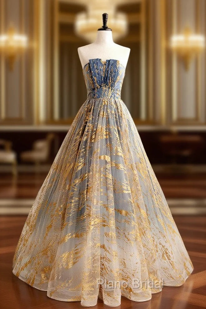 A-line Gradient Tulle Long Party Dresses, Floor Length Formal Prom Dresses