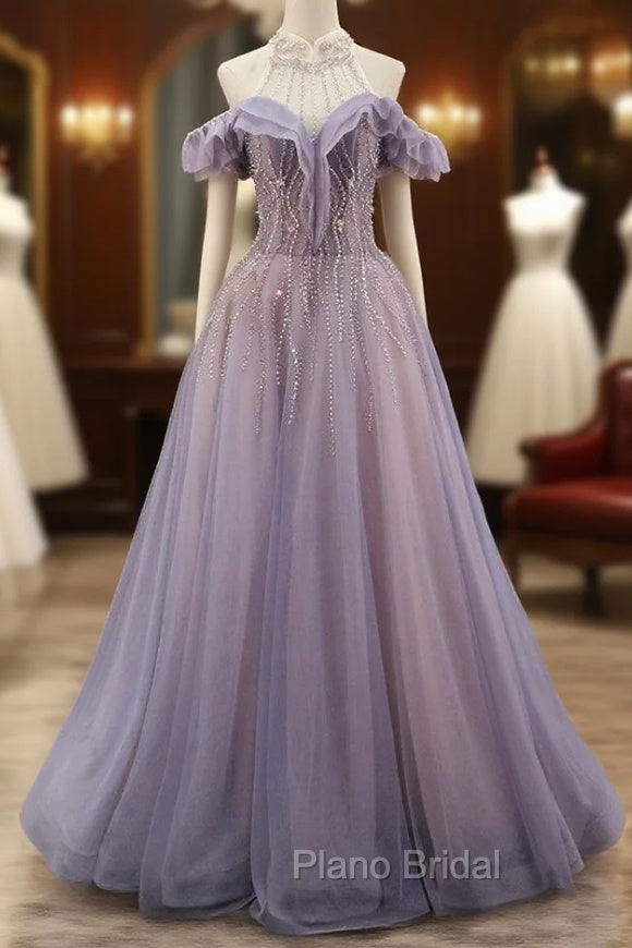 A-line Gray Blue Tulle Beading Formal Prom Dresses Main image