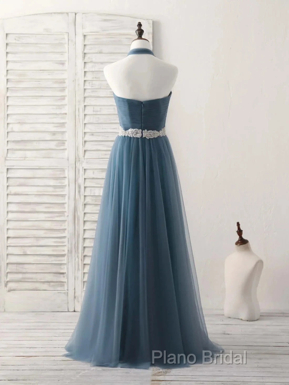 A-Line Gray Blue Tulle Long Bridesmaid Dresses Floor-Length Beading Formal Prom Dresses Elegant Secondary image