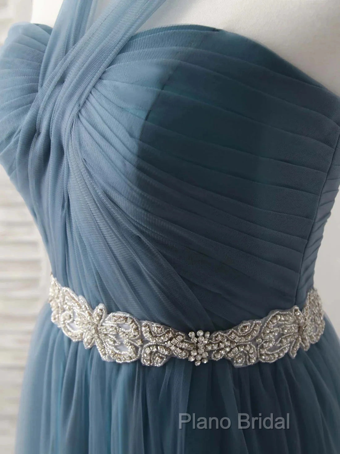 A-Line Gray Blue Tulle Long Bridesmaid Dresses Floor-Length Beading Formal Prom Dresses Elegant