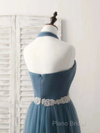 A-Line Gray Blue Tulle Long Bridesmaid Dresses Floor-Length Beading Formal Prom Dresses Elegant