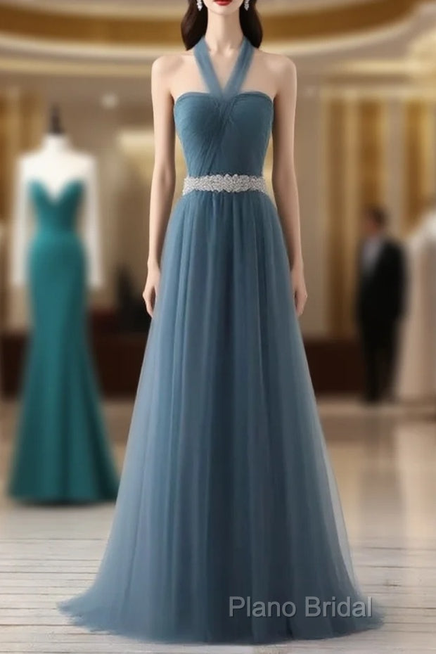 A-Line Gray Blue Tulle Long Bridesmaid Dresses Floor-Length Beading Formal Prom Dresses Elegant Main image