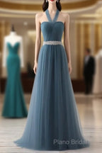 A-Line Gray Blue Tulle Long Bridesmaid Dresses Floor-Length Beading Formal Prom Dresses Elegant