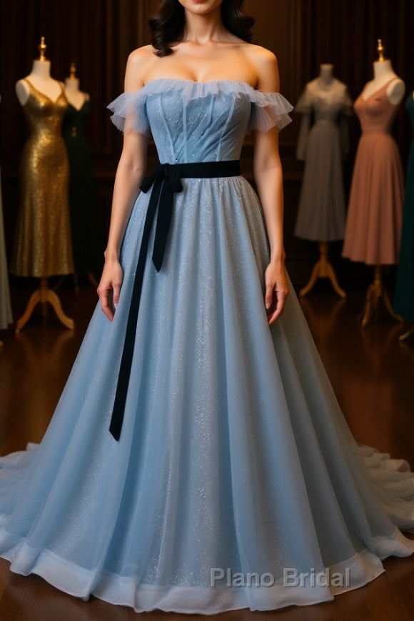 A-Line Gray Blue Tulle Long Formal Prom Dress, Gray Blue Long Formal Dress Main image