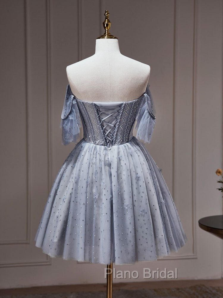 A-Line Gray Blue Tulle Short Formal Prom Dresses. Cute Gray Blue Homecoming Dresses