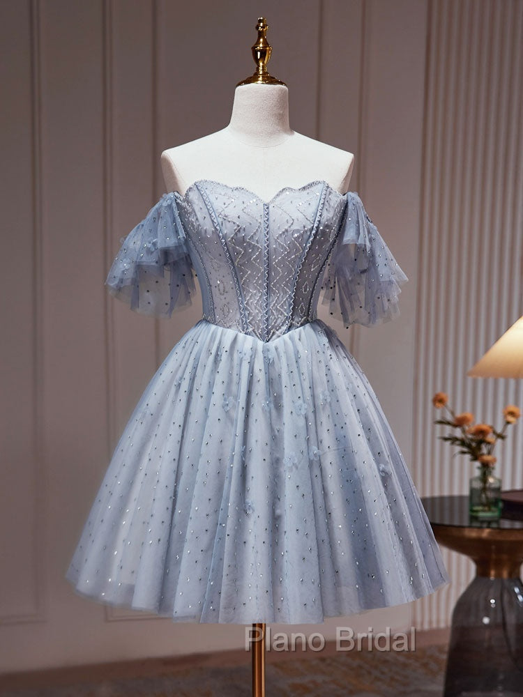 A-Line Gray Blue Tulle Short Formal Prom Dresses. Cute Gray Blue Homecoming Dresses Secondary image