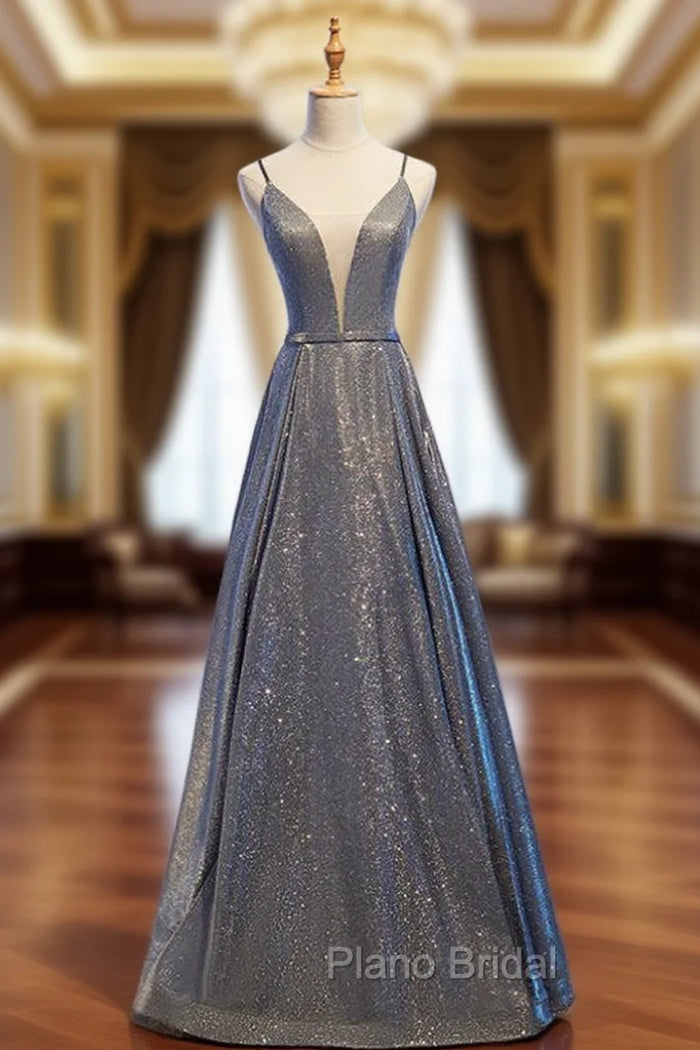 A-Line Gray Deep V-neck Sleeveless Long Formal Prom Dresses Main image