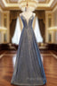 A-Line Gray Deep V-neck Sleeveless Long Formal Prom Dresses