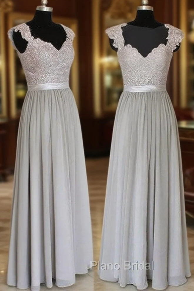 A-Line Gray Long Formal Prom Dresses, Gray Lace Bridesmaid Dresses Main image