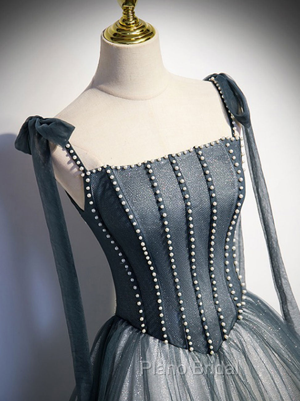 A Line Gray Long Formal Prom Dresses, Tulle Gray Formal Graduation Dresses with Beading