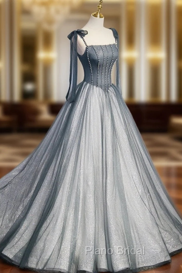 A Line Gray Long Formal Prom Dresses, Tulle Gray Formal Graduation Dresses with Beading Main image