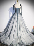A Line Gray Long Formal Prom Dresses, Tulle Gray Formal Graduation Dresses with Beading