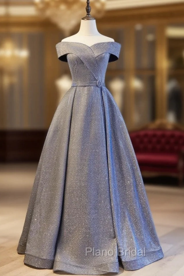 A-Line Gray Off the Shoulder Formal Formal Prom Dresses