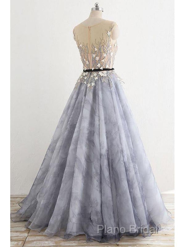 A-Line Gray Rround Neck Tulle Long Formal Prom Dresses Grey Formal Dresses, Secondary image