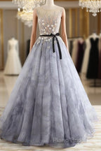 A-Line Gray Rround Neck Tulle Long Formal Prom Dresses Grey Formal Dresses,