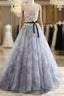 A-Line Gray Rround Neck Tulle Long Formal Prom Dresses Grey Formal Dresses,