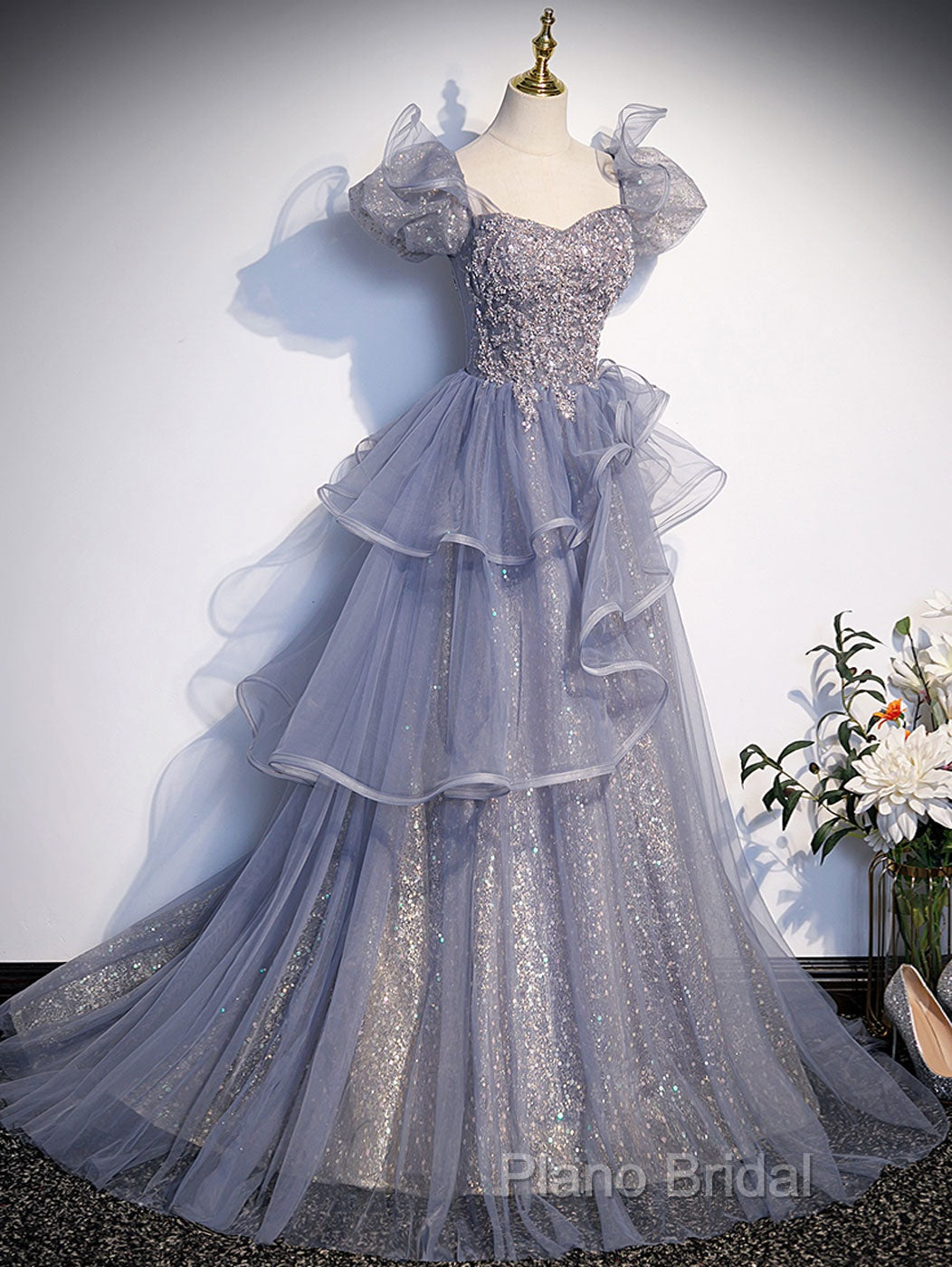 A-Line Gray Sequin Long Formal Prom Dresses, Sequin Tulle Formal Dresses
