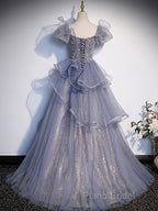 A-Line Gray Sequin Long Formal Prom Dresses, Sequin Tulle Formal Dresses