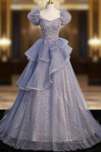 A-Line Gray Sequin Long Formal Prom Dresses, Sequin Tulle Formal Dresses