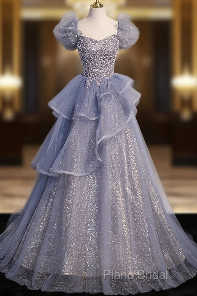 A-Line Gray Sequin Long Formal Prom Dresses, Sequin Tulle Formal Dresses Main image
