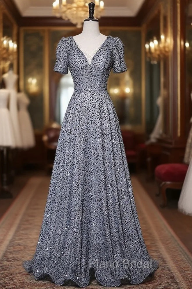 A-Line Gray Sequins V-neck Formal Prom Dresses Main image