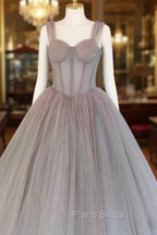 A-Line Gray Sweetheart Neck Long Formal Prom Dresses, Gray Formal Evening Dresses