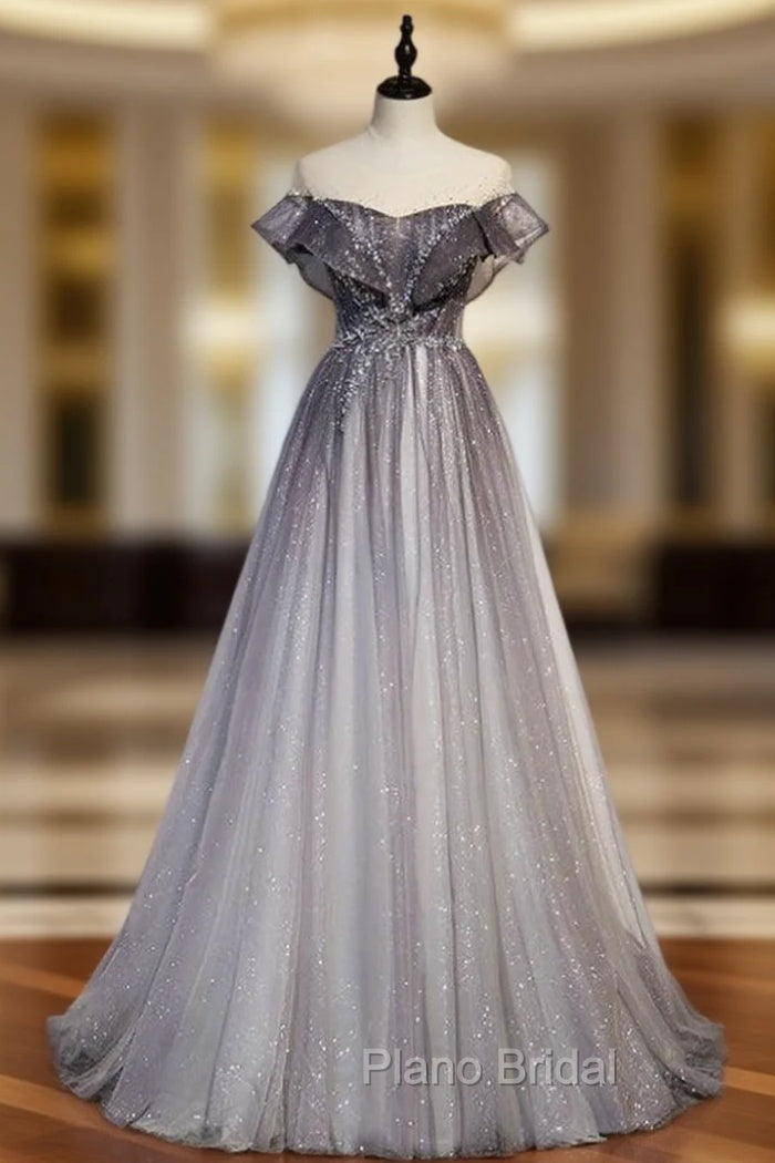 A-Line Gray Tulle Beading Cap Sleeve Formal Prom Dresses Main image