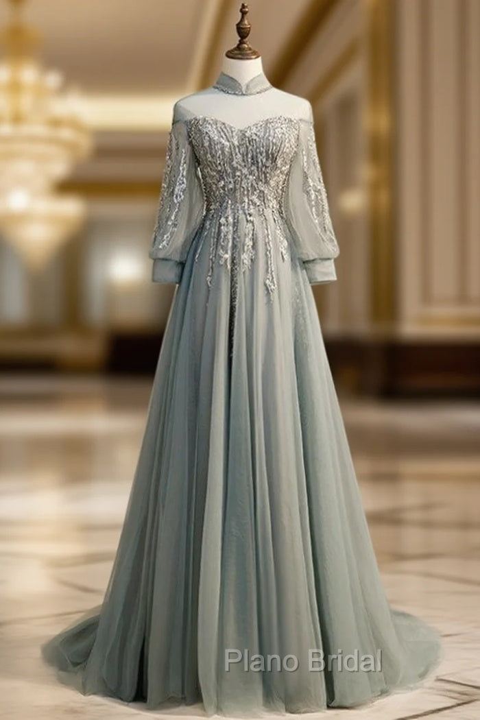 A-Line Gray Tulle Long Sleeve High Neck Backless Beading Formal Prom Dresses Main image