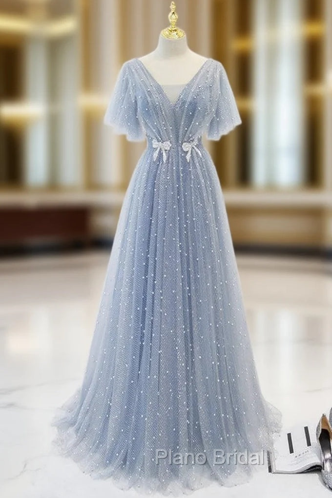 A-Line Gray Tulle Pearls V-neck Formal Prom Dresses Main image