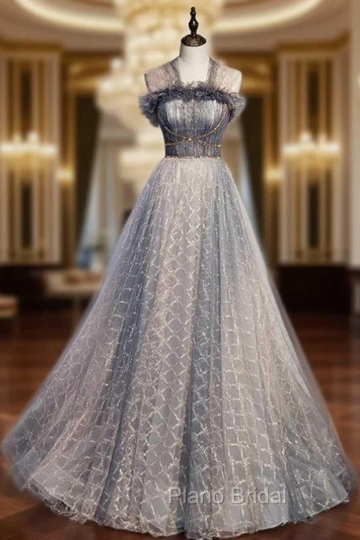 A-Line Gray Tulle Pleats Beading Formal Prom Dresses Main image