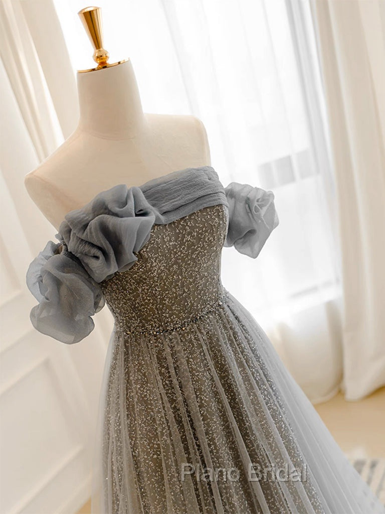 A-Line Gray Tulle Sequin Long Formal Prom Dresses, Gray Long Formal Dresses