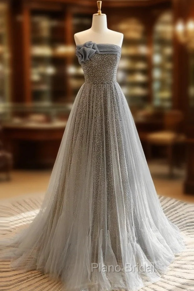 A-Line Gray Tulle Sequin Long Formal Prom Dresses, Gray Long Formal Dresses Main image
