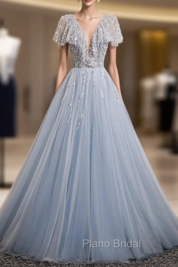 A-Line Gray Tulle Sequins Formal Prom Dresses Main image