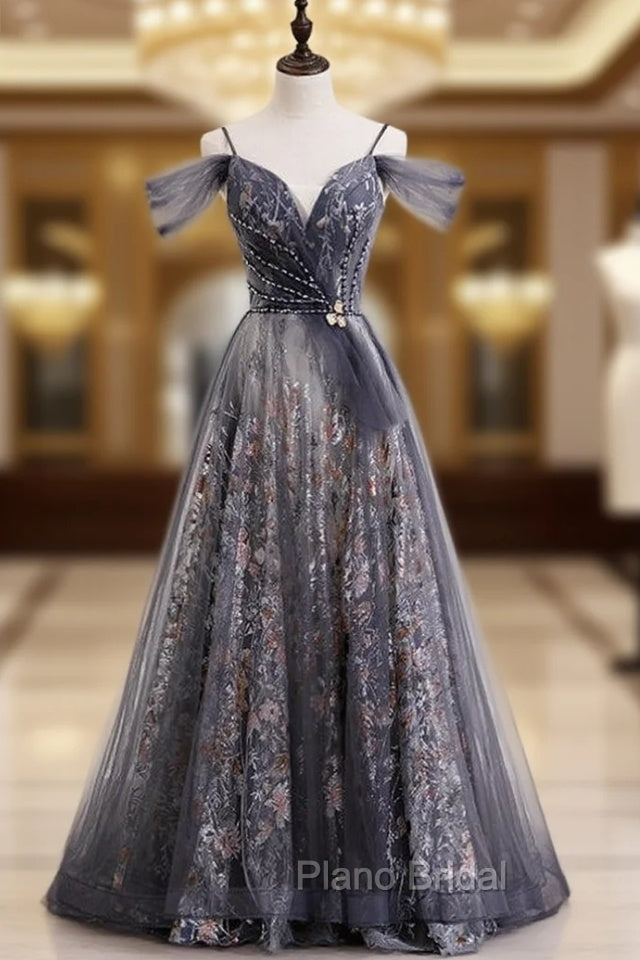 A-Line Gray Tulle Sequins Spaghetti Straps Formal Prom Dresses Main image