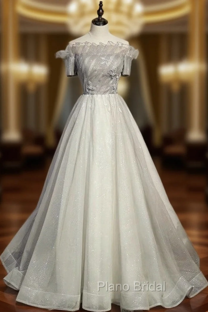 A-Line Gray Tulle Short Sleeve Beading Formal Prom Dresses Main image