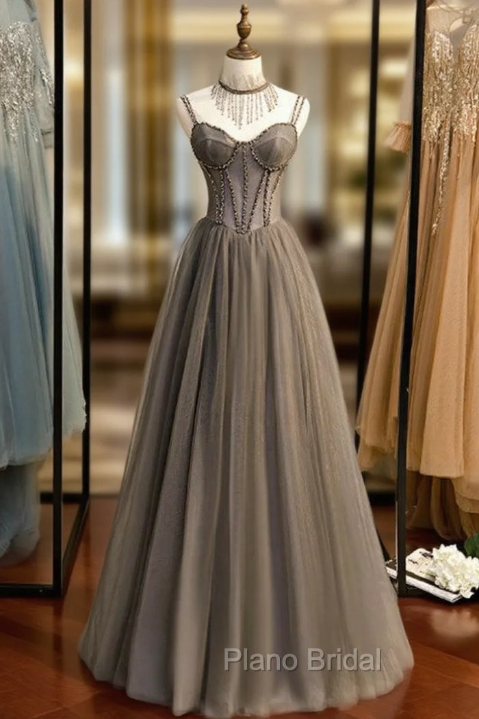 A-Line Gray Tulle Spagehtti Straps Beading Formal Prom Dresses
