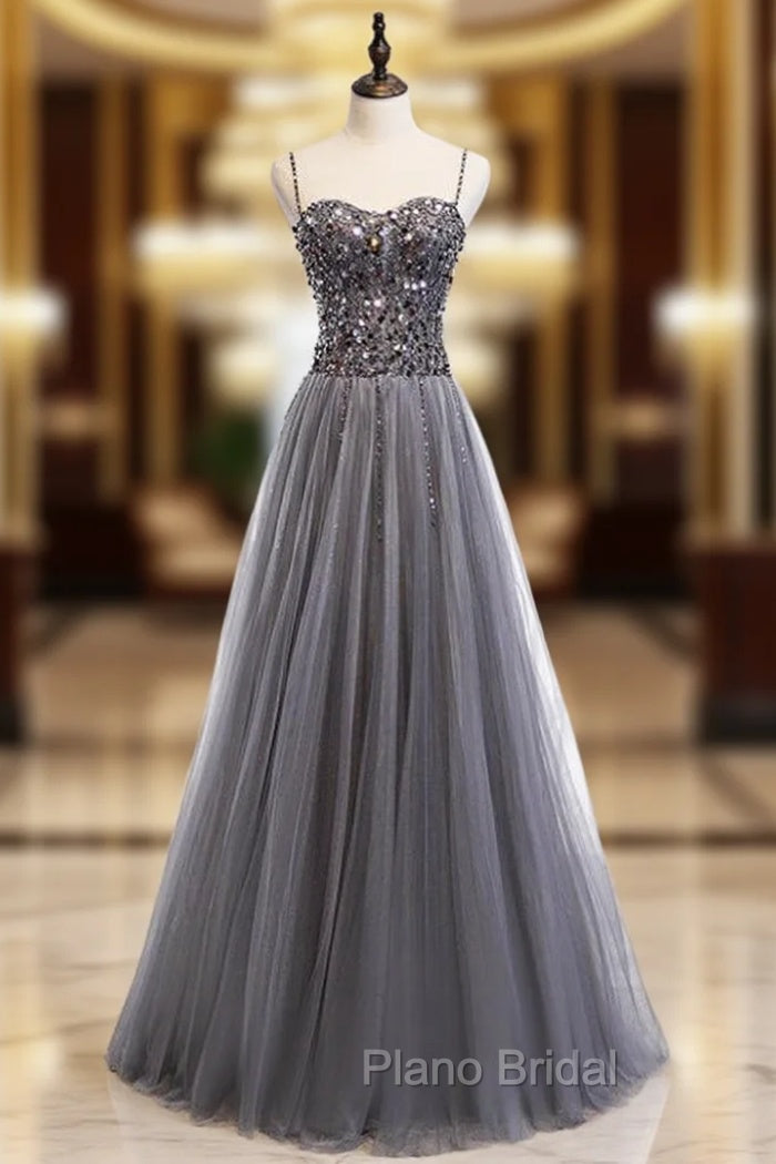 A-Line Gray Tulle Spagehtti Straps Sequins Formal Prom Dresses Main image
