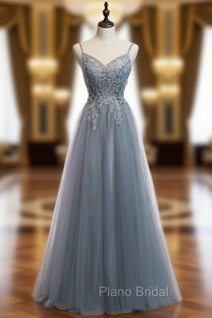 A-Line Gray Tulle Spaghetti Straps Sequins Formal Prom Dresses